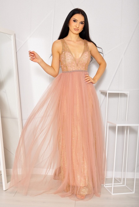 Zjawiskowa sukienka maxi z brokatem w kolorz pudrowego różu. MODEL: PW-3527