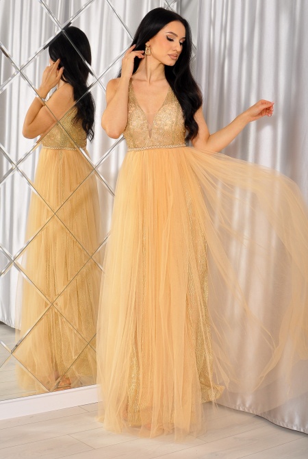 Zjawiskowa sukienka maxi z brokatem w kolorze brzoskwioniowym. MODEL: PW-3532