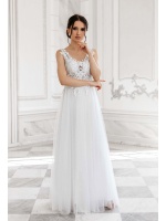 Olśniewająca sukienka maxi z haftem i tiulowym dołem w kolorze białym Model: PW-4061