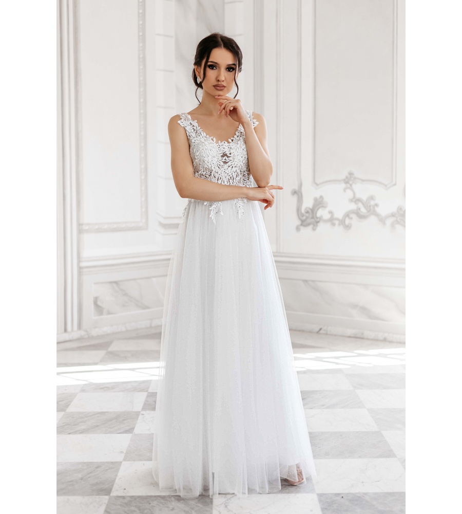 Olśniewająca sukienka maxi z haftem i tiulowym dołem w kolorze białym Model: PW-4061