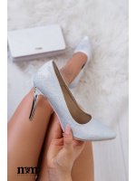 Brokatowe eleganckie szpilki damskie Model: 290 sreb b