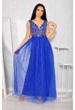 Sukienka maxi z pięknie zdobioną górą i tiulowym dołem w kolorze szafirowym. Model: TR-4937