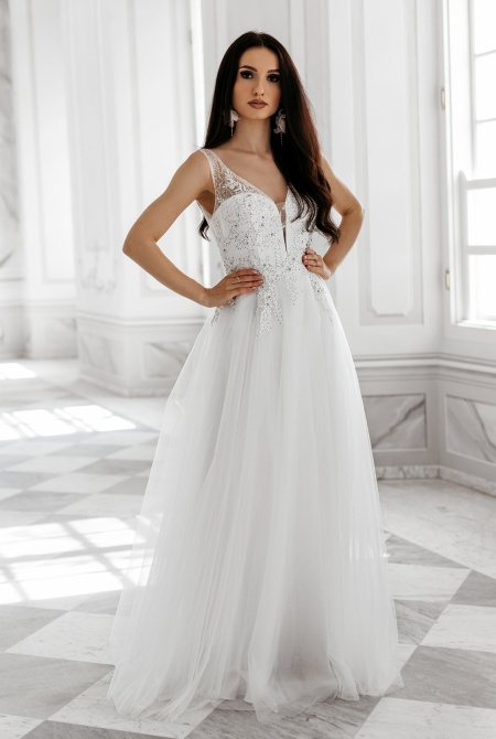 Efektowna śmietankowa suknia ślubna w przystępnej cenie. PW-5161