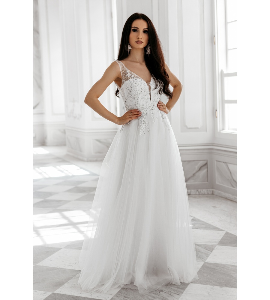 Efektowna śmietankowa suknia ślubna w przystępnej cenie. PW-5161