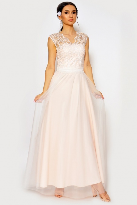 Sukienka długa biała na beżowej podszewce w przystępnej cenie ZF-6165