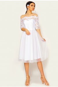 Biała sukienka midi z hiszpańskim dekoltem w przystępnej cenie Model: ZF-6167