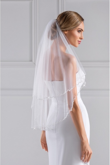 Gładki welon ślubny z koralikami KOLOR ECRU/ŚMIETANKA Model: W155 Ivory