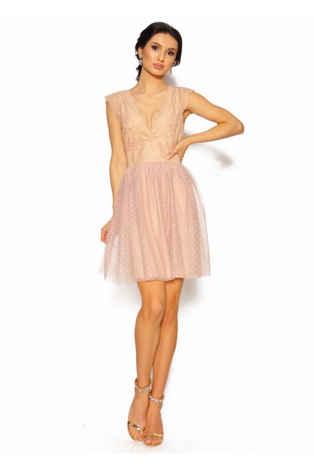 Beżowa sukienka mini z dekoltem w serek Model: IP-6183