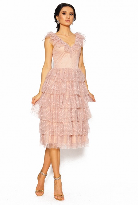 Delikatna sukienka midi z falbankami w beżowe groszki. Model: IP-6187