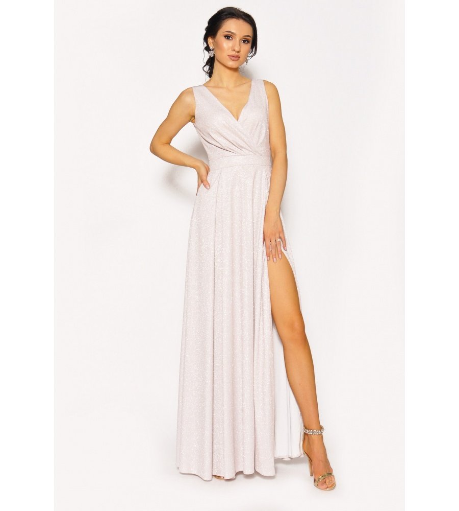 Połyskująca sukienka maxi z kopertowym dekoltem w kolorze pudrowego różu/zgaszonego srebra. Model:KM-6352