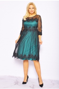 Zielona sukienka midi z czarnym tiulem. Model: CU-6641