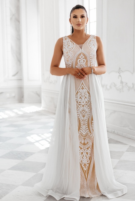 Sukienka maxi rybka cekinowa 2w1 w kolorze biało-beżowym. MODEL: IP-6896