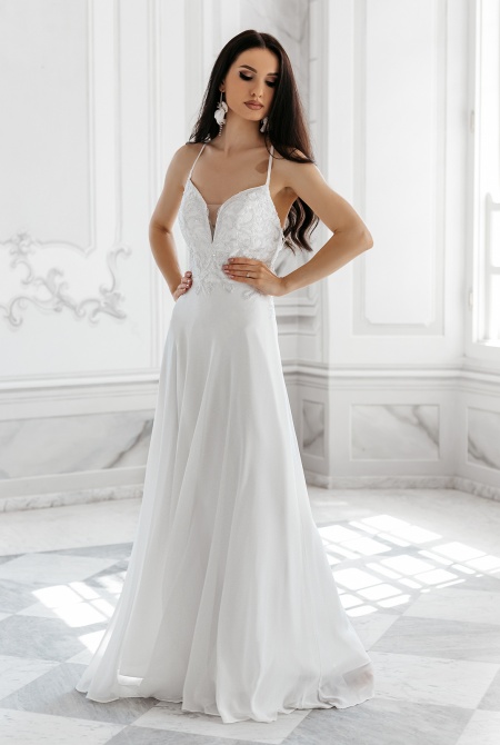 SUKIENKA ŚLUBNA NA CIENKICH RAMIACZKACH Z WIAZANIEM ZA PLECACH I OZDOBNA GÓRĄ. Model: PW-6949