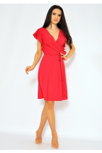 Gładka sukienka midi przewiązywana w pasie w kolorze czerwonym. Model:KM-6996