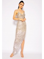 Sukienka cekinowa maxi na cienkich ramiaczkach z mocnym wycieciem na nogę. MODEL CU-7104