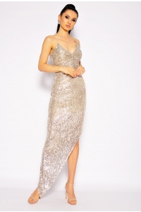 Sukienka cekinowa maxi na cienkich ramiaczkach z mocnym wycieciem na nogę. MODEL CU-7104