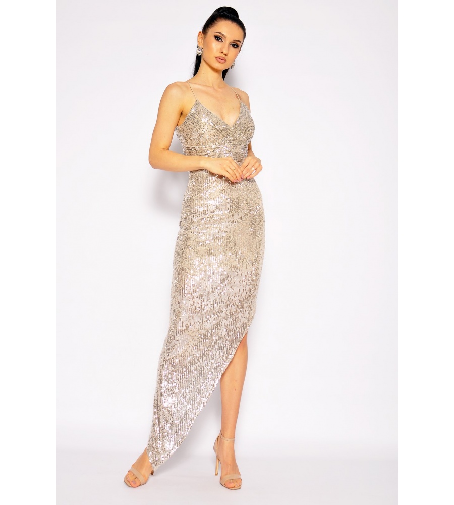 Sukienka cekinowa maxi na cienkich ramiaczkach z mocnym wycieciem na nogę. MODEL CU-7104