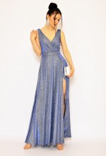 Połyskująca sukienka maxi w kolorze srebrno-niebieskim. Model:KM-7234