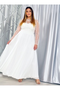 Sukienka maxi zabudowany dekolt z długim rękawem haftowane kwiaty i pas w talii. MODEL: PW-7272