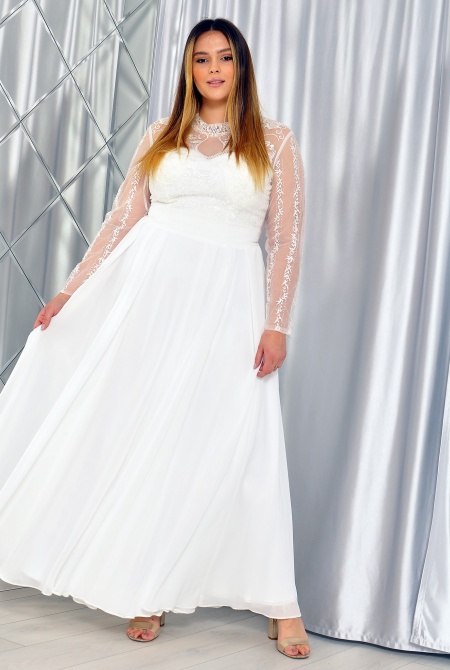 Sukienka maxi zabudowany dekolt z długim rękawem haftowane kwiaty i pas w talii. MODEL: PW-7272