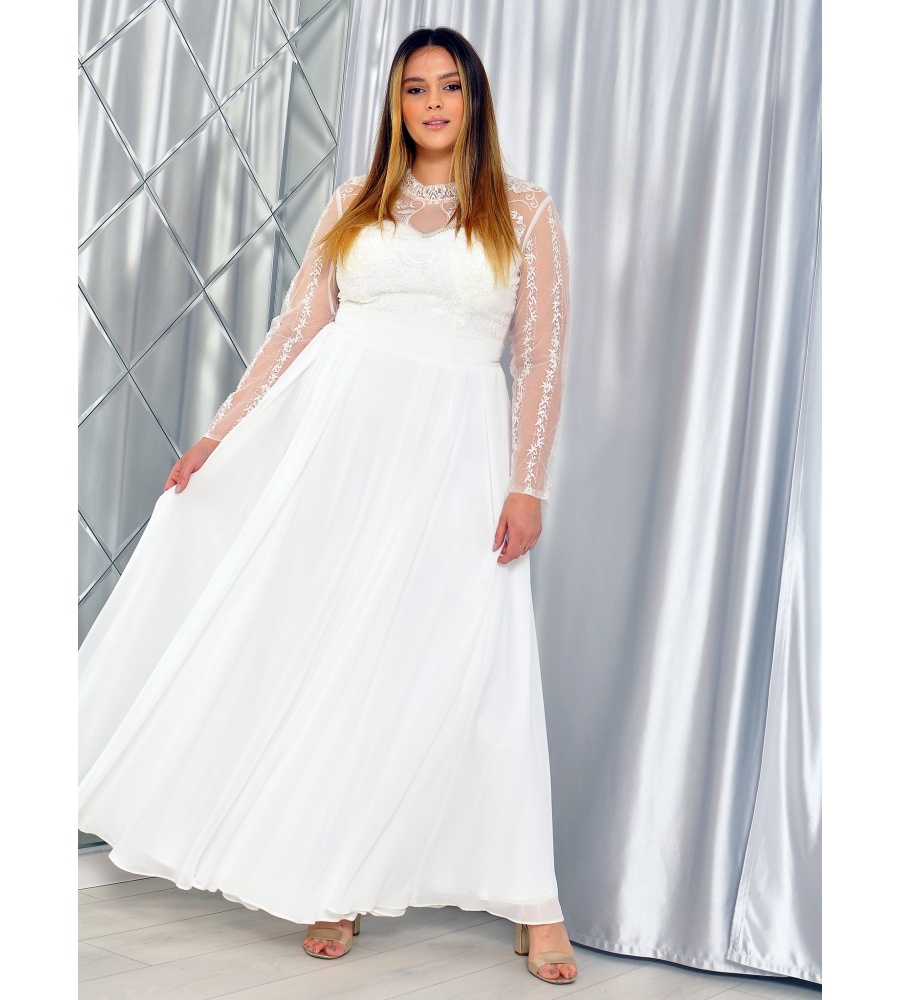 Sukienka maxi zabudowany dekolt z długim rękawem haftowane kwiaty i pas w talii. MODEL: PW-7272