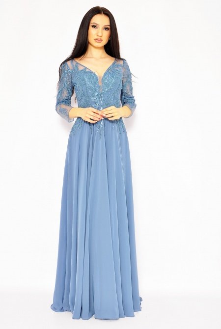 Elegancka sukienka maxi w kolorze szaro-niebieskim. MODEL PW-7426