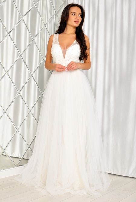 SUKIENKA SLUBNA NA GRUBSZYCH RAMIĄCZKACH Z PEREŁKAMI ZABUDOWANA GÓRA Z DEKOLTEM MODEL PW-7482