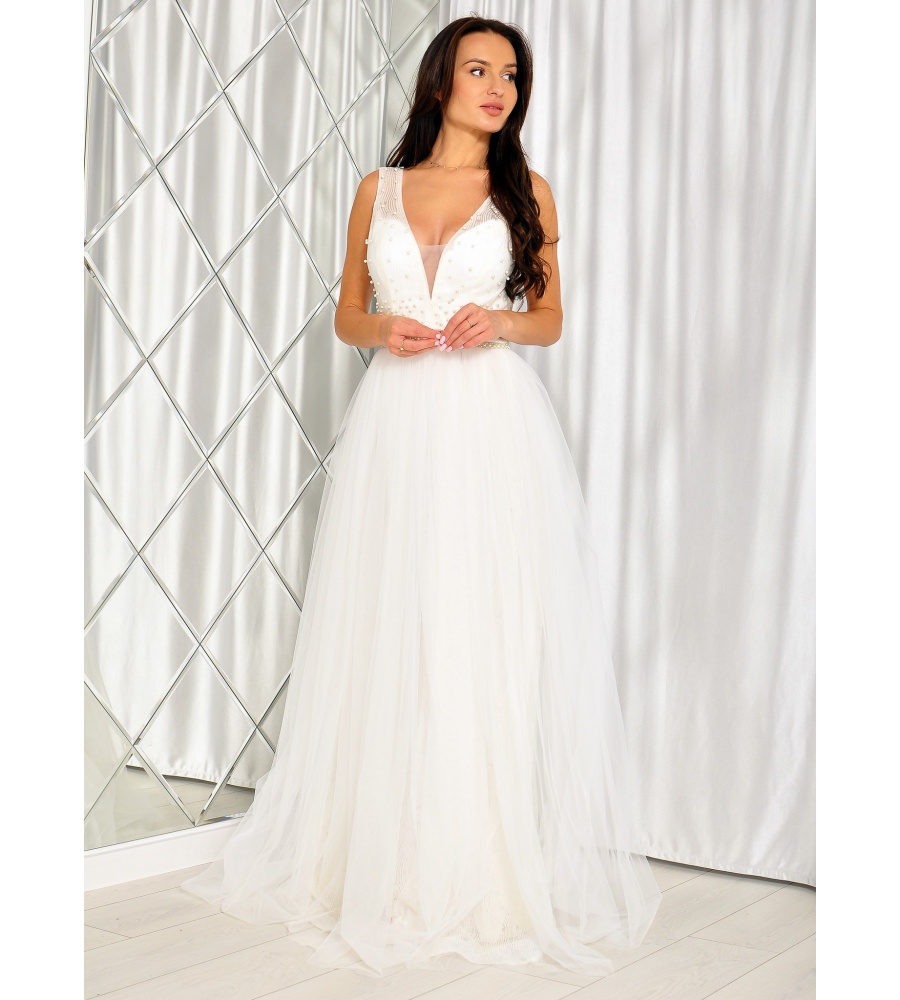 SUKIENKA SLUBNA NA GRUBSZYCH RAMIĄCZKACH Z PEREŁKAMI ZABUDOWANA GÓRA Z DEKOLTEM MODEL PW-7482