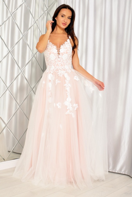 Sukienka maxi ślubna na cienkich ramiączkach różowo-biała haftowane kwiatuszki.MODEL:PW-7510