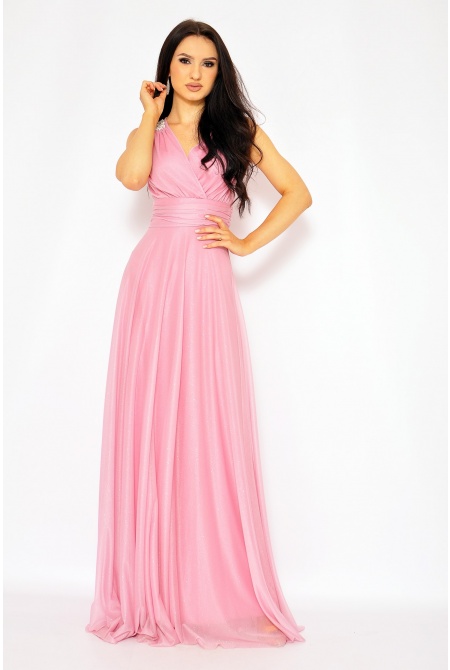 Sukienka maxi połyskująca w koloże różowym z perełkami na ramionach. Model: CU-7515