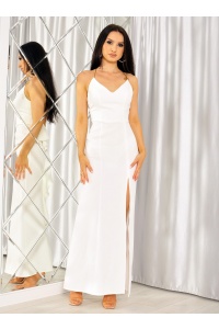 Sukienka ślubna z falbanką z tyłu oraz złotymi gumeczkami na plecach. .MODEL:EV-7550