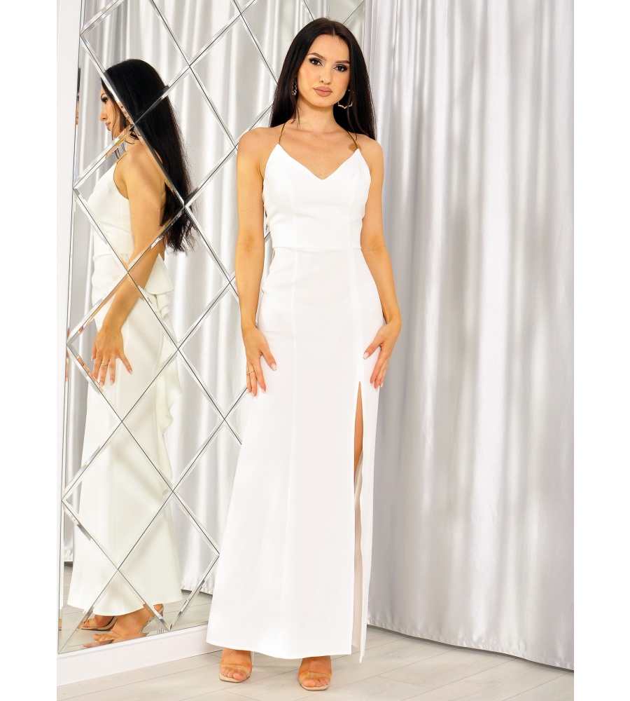 Sukienka ślubna z falbanką z tyłu oraz złotymi gumeczkami na plecach. .MODEL:EV-7550