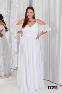 Biała zwiewna sukienka ślubna z opadającymi szyfonowymi rękawkami. Model: PW-7614