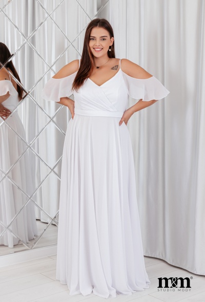 Biała zwiewna sukienka ślubna z opadającymi szyfonowymi rękawkami. Model: PW-7614