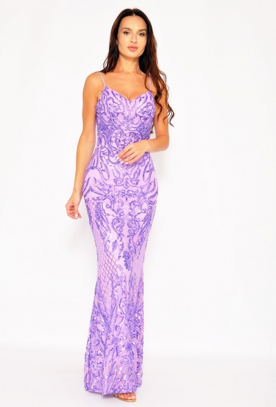 Sukienka maxi na cienkich ramiączkach w kolorze ciemnego fioletu. MODEL: PW-7576