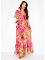 Elegancka sukienka maxi w wielokolorowy wzór (różowo-zielona z dodatkiem złota) z długim rękawem.MODEL:SR-7597