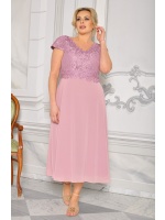 Elegancka sukienka midi z haftowaną górą i zwiewną spódnicą W KOLORZE PUDROWYM RÓŻU. Model: CU-7920