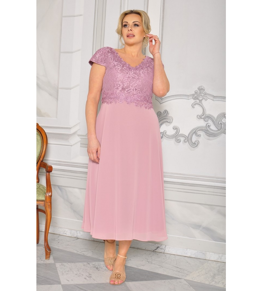 Elegancka sukienka midi z haftowaną górą i zwiewną spódnicą W KOLORZE PUDROWYM RÓŻU. Model: CU-7920