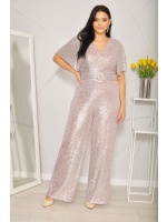 Kombinezon cekinowy z paskiem z krótkim rękawem w kolorze srebro-różowym .MODEL:CU-8038