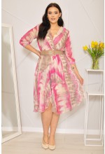 Sukienka midi zwiewna z pasem w szaro-różowy wzór ala marmur.MODEL:M-8057