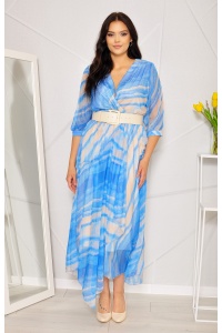 Sukienka maxi zwiewna we wzor niebiesko-beżowy z paskiem. MODEL: M-8073