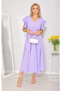 Sukienka midi motylek w kolorze liliowym z delikatnymi falbankami przy rękawach. Model: KM-8124
