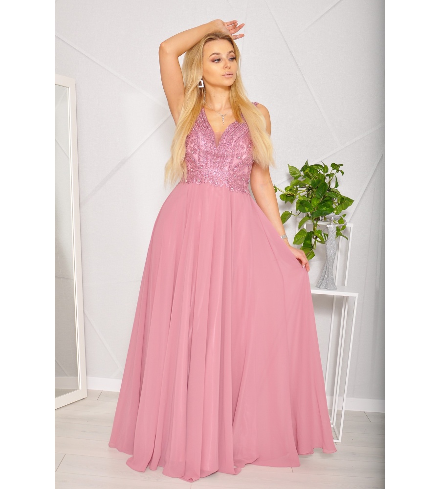 Sukienka maxi tiulowa z bogato zdobioną diamentową górą w kolorze brudnego różu. Model: PW-8198