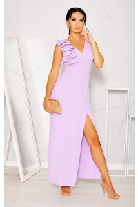 Sukienka maxi ze zdobieniem na ramieniu w kolorze liliowym. Model: KM-8331