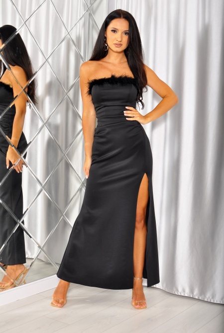 SUKIENKA MAXI Z PIÓRKAMI NA DEKOLCIE W KOLORZE CZARNYM.MODEL: KM-8402