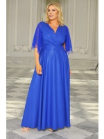 SUKIENKA MAXI POŁYSUJĄCA Z PASKIEM I TIULOWYMI RĘKAWKAMI W KOLORZE SZAFIROWYM. MODEL: BS-8510