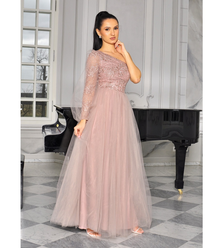 BEŻOWA księżniczka na jedno ramię z efektowną górą. Model: BC-8556