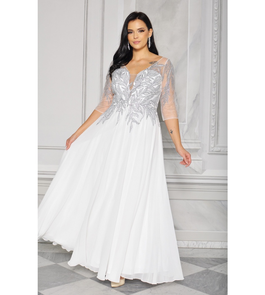 Sukienka ślubna z bogato zdobioną brokatową górą we wzór liści. Model: PW-8747