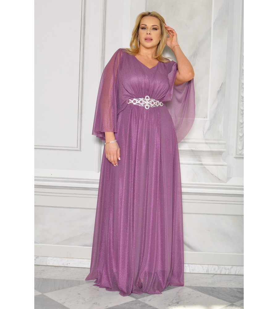 SUKIENKA ROZKLOSZOWANA Z RĘKAWKIEM ZE ZDOBIENIEM W TALII W KOLORZE WRZOSU. Model: CU-8729