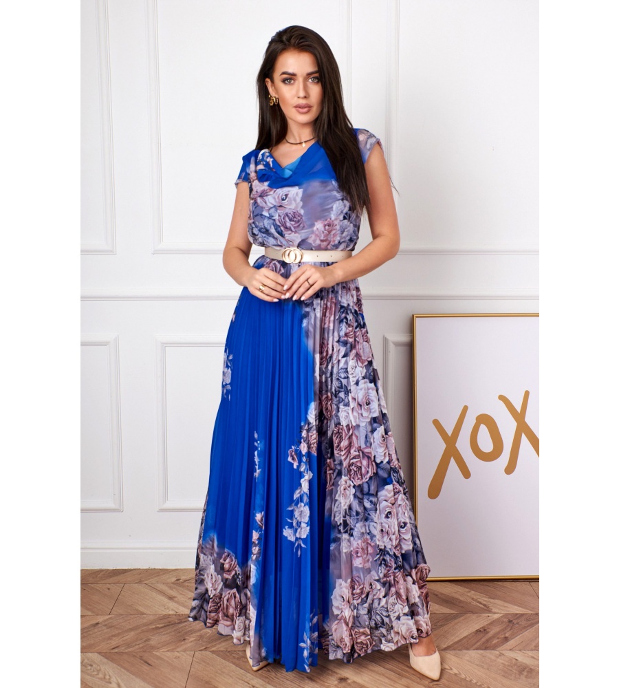 SUKIENKA MAXI PLISOWANA W KWIATY w kolorze szafirowym. MODEL:LO-8794